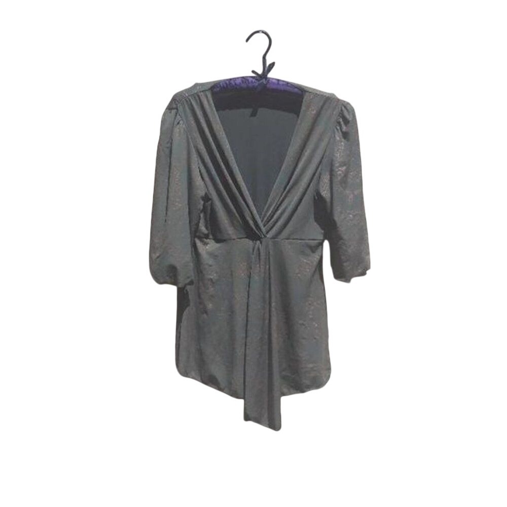 Vtg Peasant Renaissance Tunic Top Sz‎ L Pleated Bishop Green Metallic Print